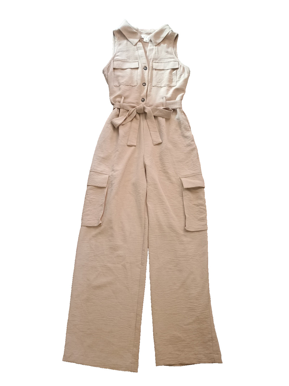Monteau Los Angeles Belted Button Jumpsuit Taupe Cargo Pockets Size XS Classy!